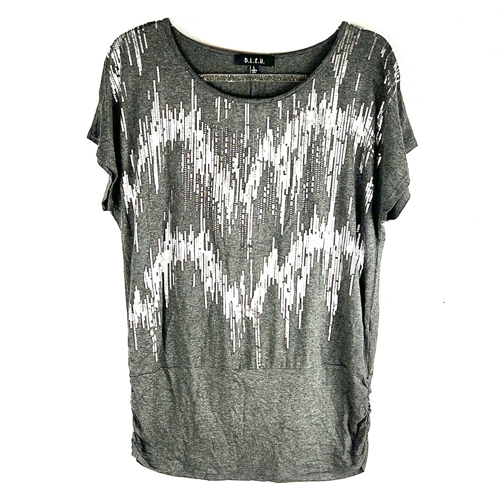 B.L.E.U. | 🐺Gray Silver Sparkly Embellished Dolman-Style Loose Blouse